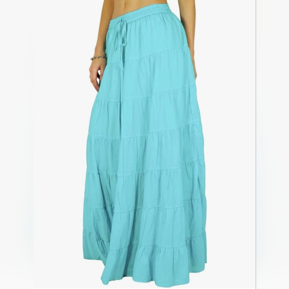 Bohemian Blue 100% Cotton Long Flared Shirred Skirt Size L